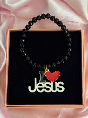 Black Beaded "I ♥ Jesus" Charm Bracelet
